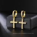 High Polish PVD Gold Plated Aretes Para Hombre Cubic Zirconia Brass Drop Cross Earrings